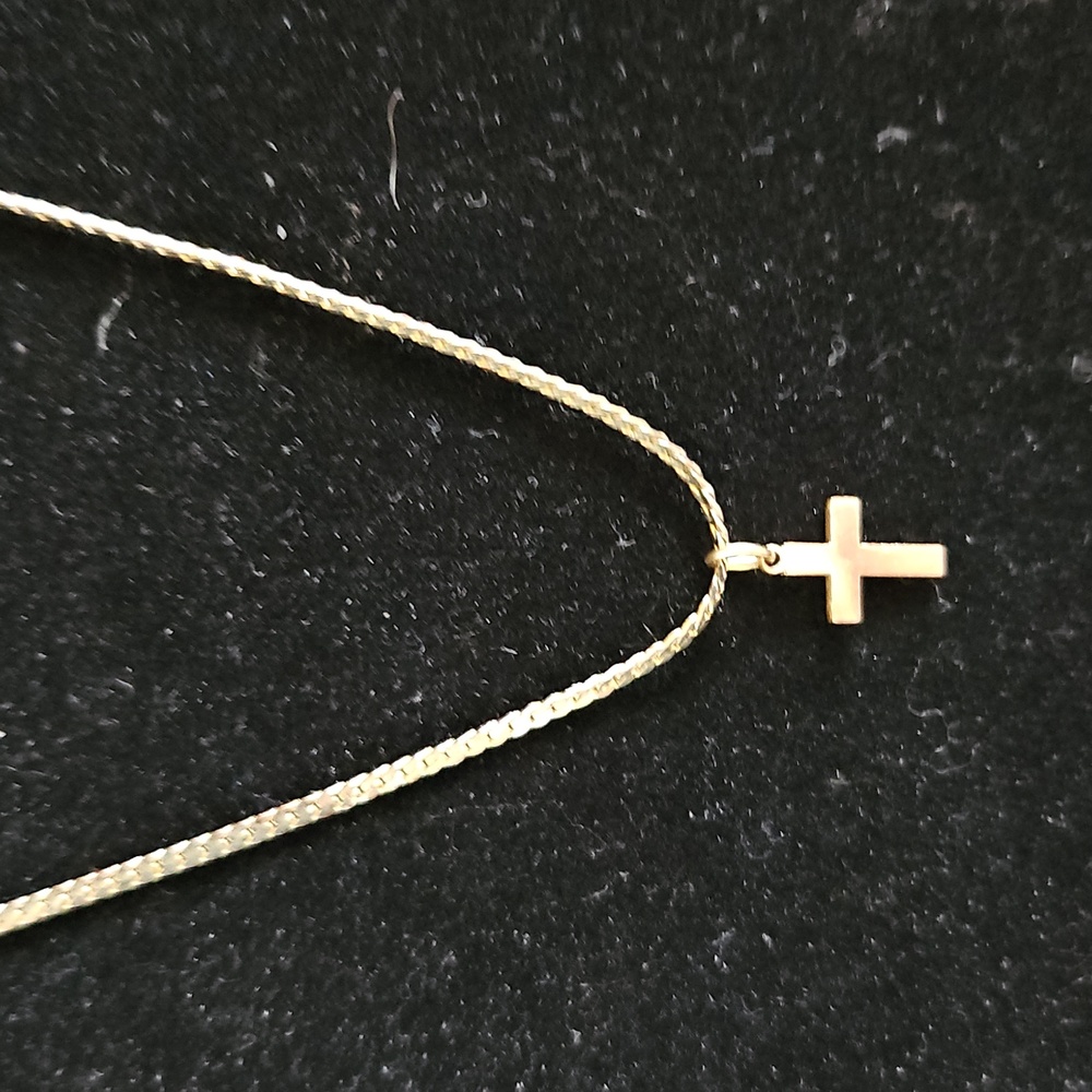 Gold Tone Small Cross - Long Chain Vintage Pendant Necklace